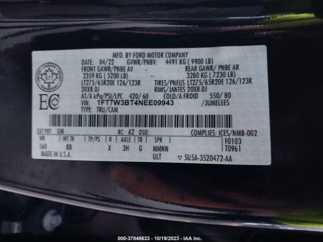 1FT7W3BT4NEE09943 Ford Super Duty F-350 Srw Xl/xlt/lariat