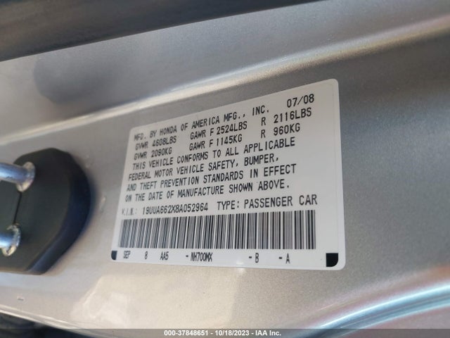 Aukcja sprzedaży 2008 Acura Tl, vin: 19UUA662X8A052964, numer aukcji: 37848651