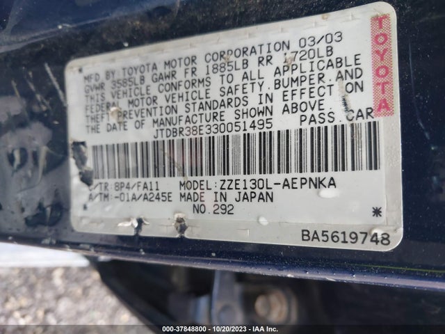 2003 TOYOTA COROLLA CE/LE VIN: JTDBR38E330051495