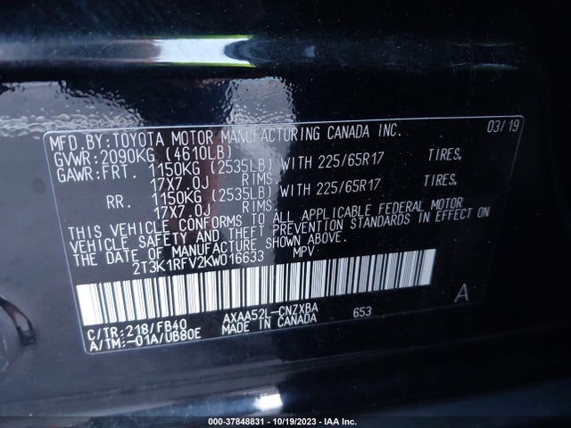 2019 TOYOTA RAV4 LE VIN: 2T3K1RFV2KW016633