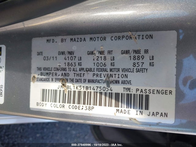 37848996 :رقم المزاد ، JM1BL1K51B1475054 vin ، 2011 Mazda Mazda3 S Sport مزاد بيع