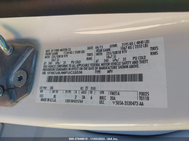 2015 FORD ESCAPE TITANIUM VIN: 1FMCU9J96FUC32036