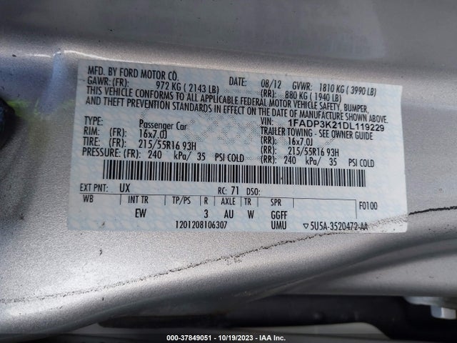 2013 FORD FOCUS SE VIN: 1FADP3K21DL119229