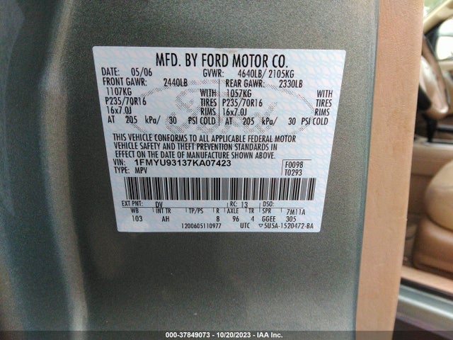 2007 FORD ESCAPE XLT VIN: 1FMYU93137KA07423