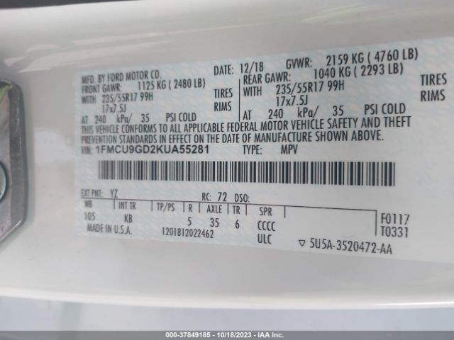 1FMCU9GD2KUA55281 Ford ESCAPE SE