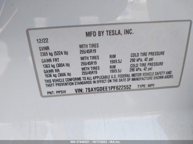 2023 TESLA MODEL Y LONG RANGE VIN: 7SAYGDEE1PF622552