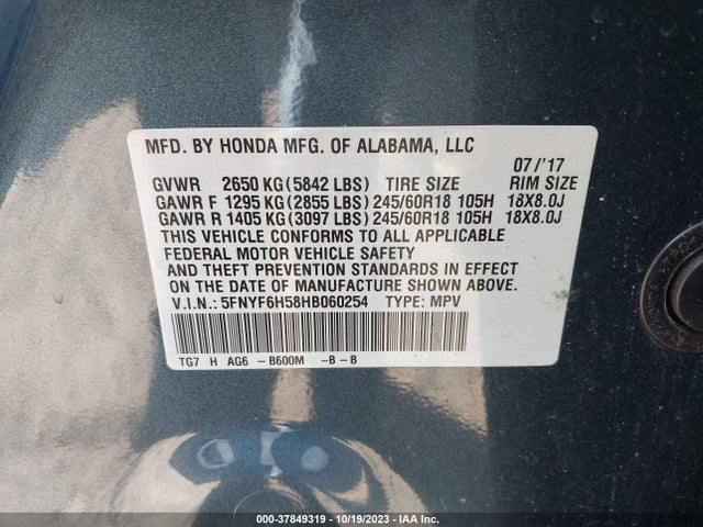 Honda Pilot Ex-l 2017 5FNYF6H58HB060254 Image 9
