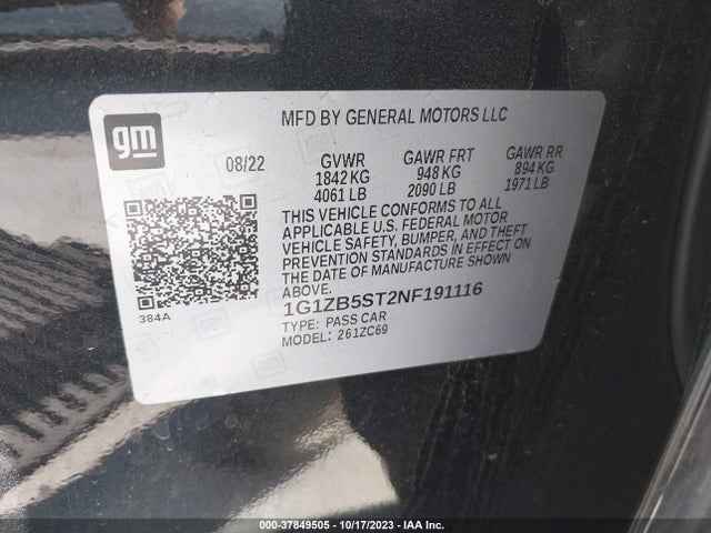 2022 CHEVROLET MALIBU LS VIN: 1G1ZB5ST2NF191116