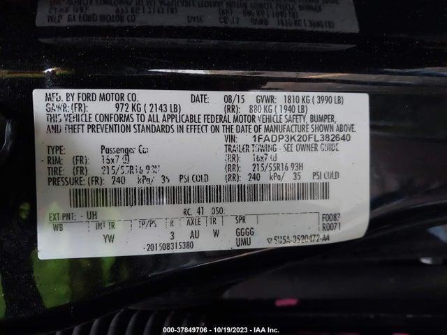 2015 FORD FOCUS SE VIN: 1FADP3K20FL382640