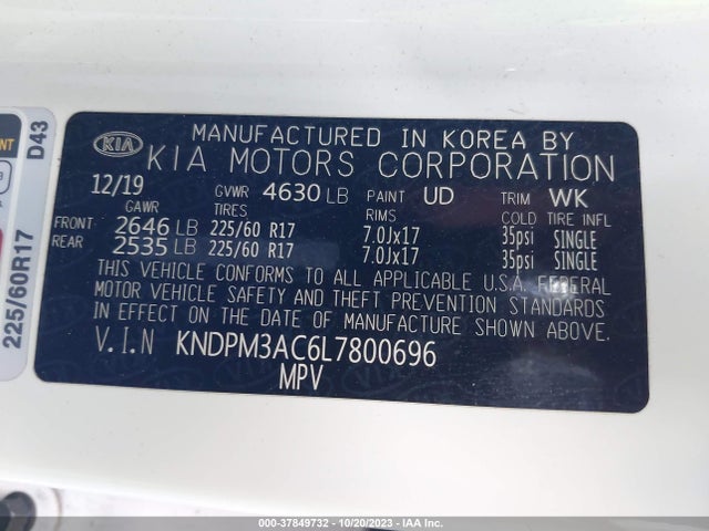 2020 KIA SPORTAGE LX VIN: KNDPM3AC6L7800696