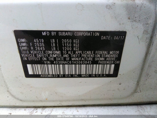 2017 SUBARU LEGACY PREMIUM VIN: 4S3BNAC61H3063845
