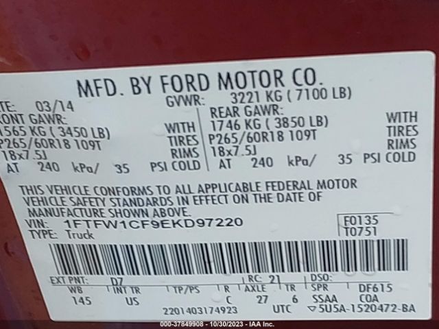 1FTFW1CF9EKD97220 Ford F-150 Xl/stx/xlt/fx2/lariat