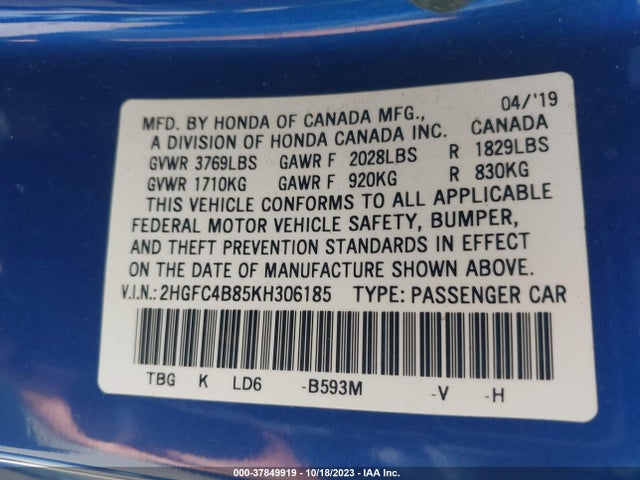 2019 HONDA CIVIC COUPE SPORT VIN: 2HGFC4B85KH306185