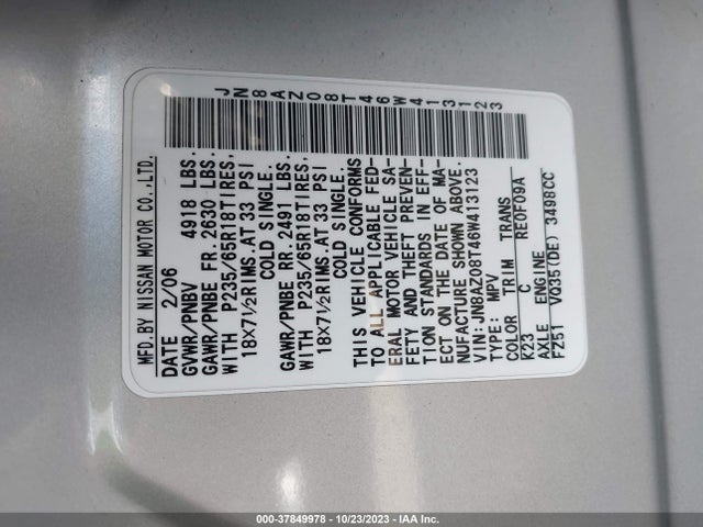 2006 NISSAN MURANO SL VIN: JN8AZ08T46W413123