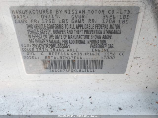 3N1CN7AP0KL865661 Nissan Versa Sedan Sv