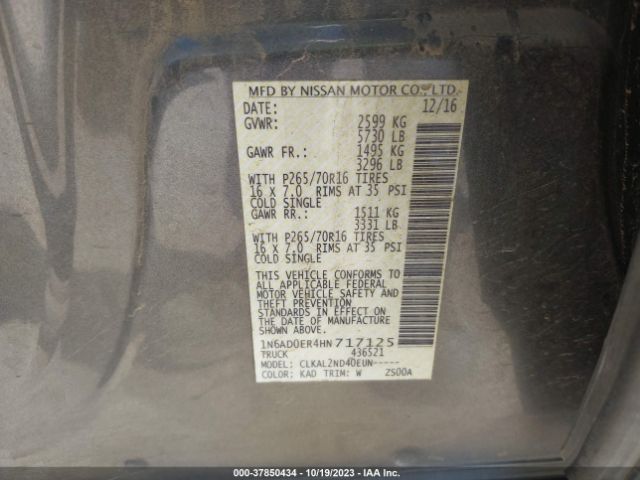 1N6AD0ER4HN717125 Nissan Frontier Sv V6