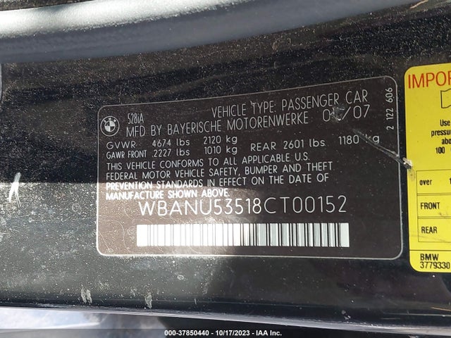 2008 BMW 5 SERIES 528I VIN: WBANU53518CT00152
