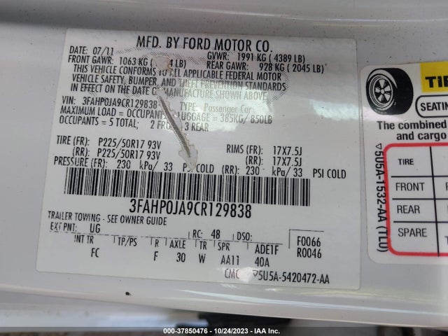 2012 FORD FUSION SEL VIN: 3FAHP0JA9CR129838