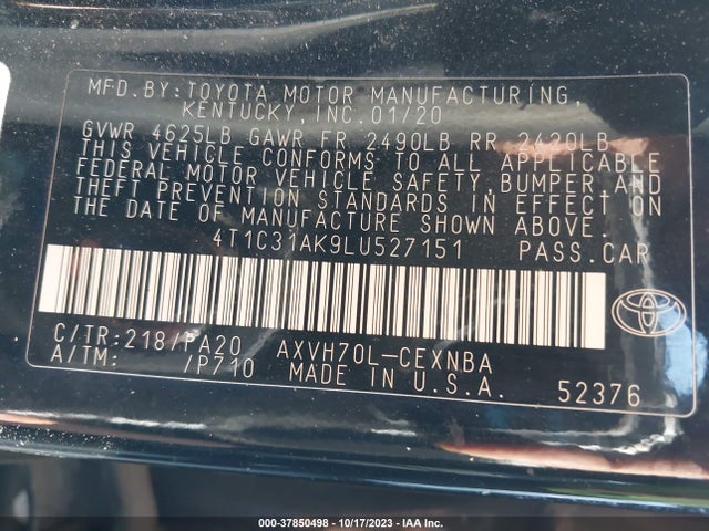 2020 TOYOTA CAMRY HYBRID LE VIN: 4T1C31AK9LU527151