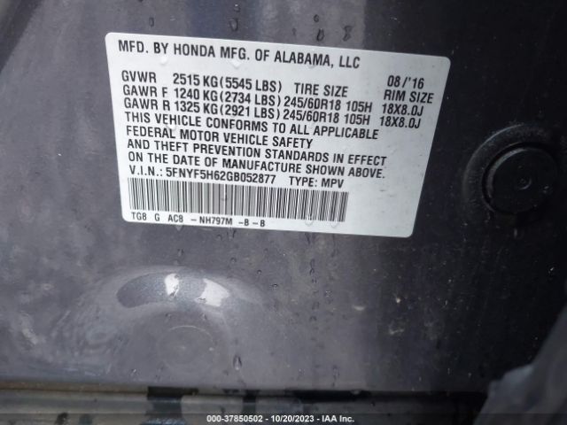 5FNYF5H62GB052877 Honda Pilot Ex-l