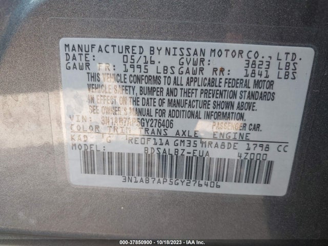 2016 NISSAN SENTRA FE+ S/S/SV/SR/SL VIN: 3N1AB7AP5GY276406