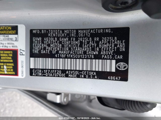 2012 TOYOTA CAMRY L/LE/SE/XLE VIN: 4T1BF1FK5CU123176