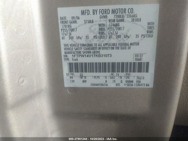 Auction sale of the 2007 Ford F-150 Xlt/lariat/fx4 , vin: 1FTPW14V17KB31073, lot number: 437851244