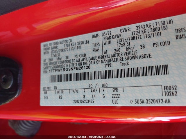 2022 FORD F-150 RAPTOR VIN: 1FTFW1RG9NFB26120
