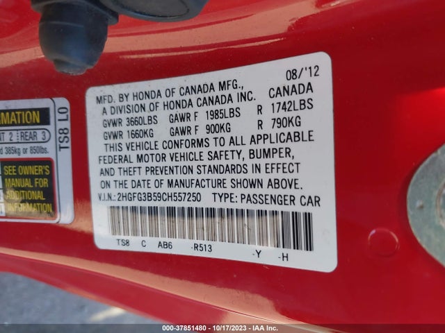 2012 HONDA CIVIC CPE LX VIN: 2HGFG3B59CH557250