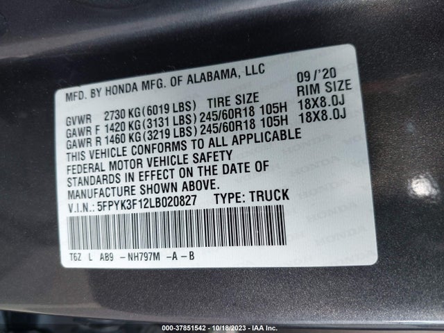 Honda Ridgeline Sport 2020 5FPYK3F12LB020827 Image 9
