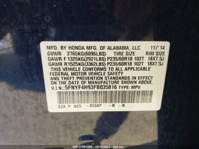 5FNYF4H93FB035816 Honda Pilot Touring