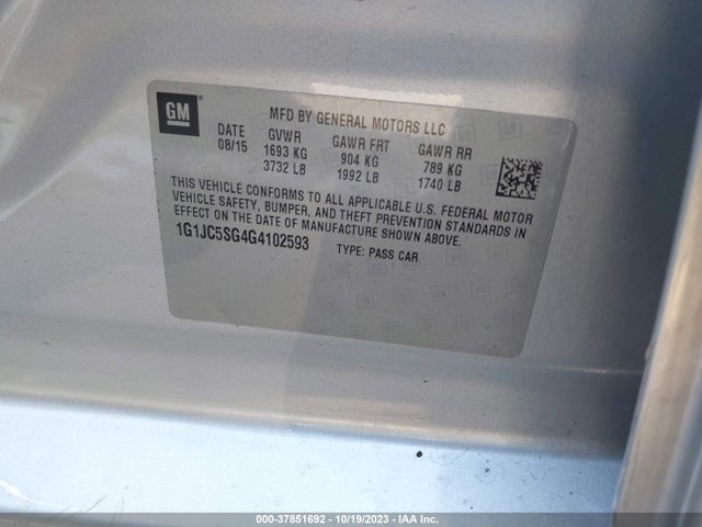 Chevrolet SONIC LT 2016 1G1JC5SG4G4102593 Image 9