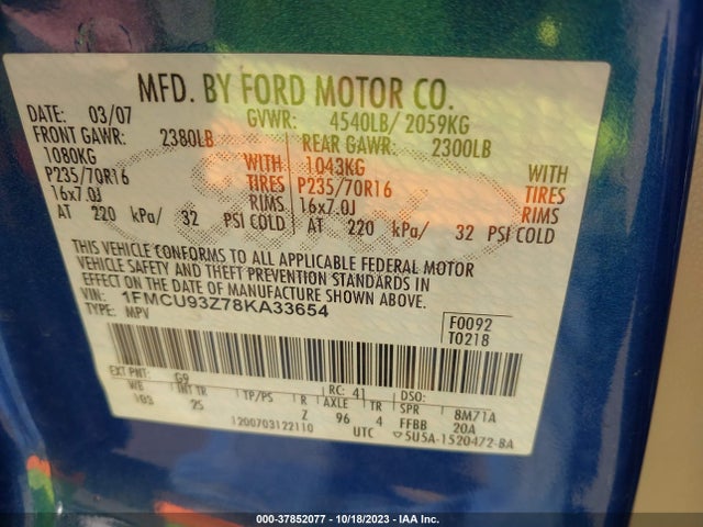 2008 FORD ESCAPE XLT VIN: 1FMCU93Z78KA33654