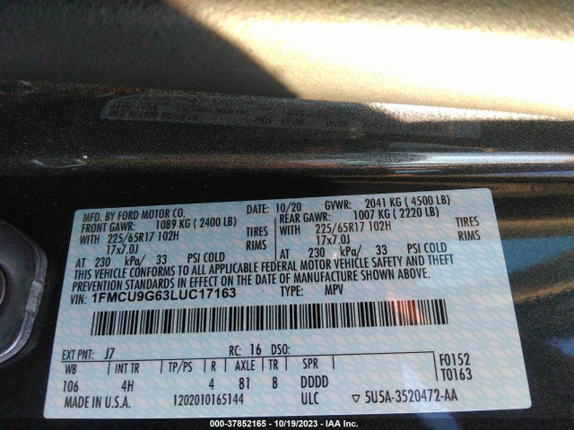 Ford ESCAPE SE 2020 1FMCU9G63LUC17163 Image 9
