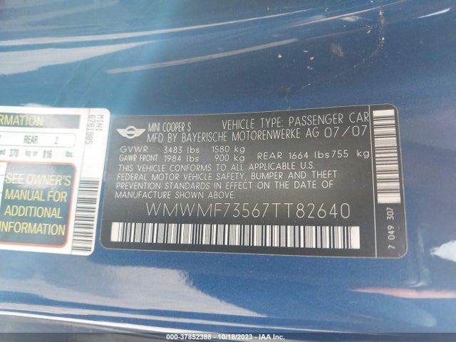 2007 MINI COOPER HARDTOP WMWMF73567TT82640 Photo 8