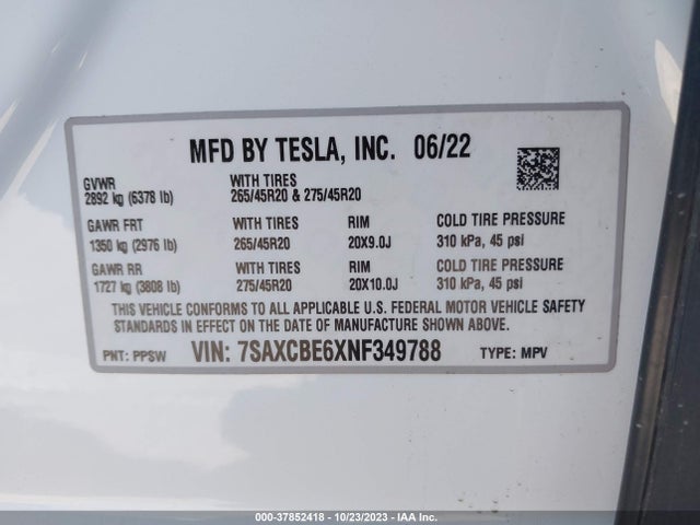 2022 TESLA MODEL X PLAID VIN: 7SAXCBE6XNF349788