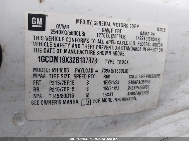 2002 CHEVROLET ASTRO CARGO VAN VIN: 1GCDM19X32B137873