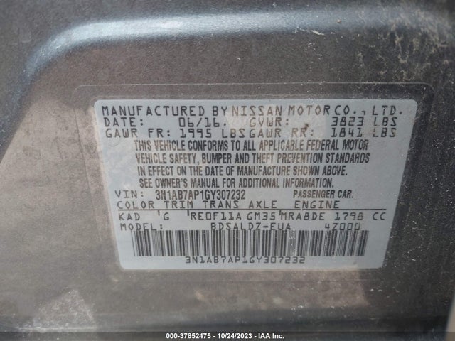 2016 NISSAN SENTRA SV VIN: 3N1AB7AP1GY307232