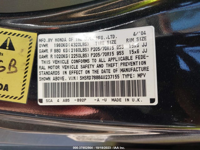 2004 HONDA CR-V EX VIN: SHSRD78884U237155