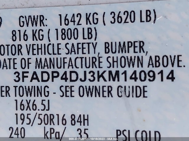 2019 FORD FIESTA ST LINE VIN: 3FADP4DJ3KM140914
