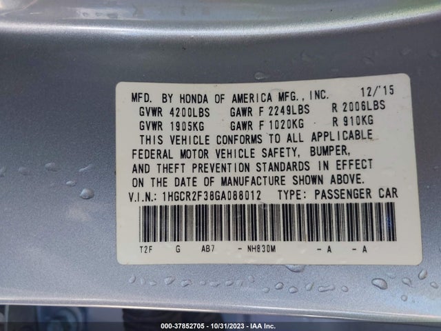 Honda Accord Sedan Lx 2016 1HGCR2F38GA088012 Image 9