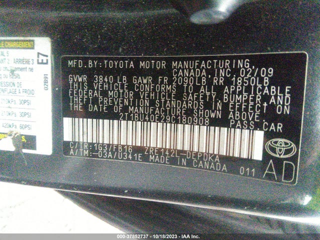 2009 TOYOTA COROLLA VIN: 2T1BU40E29C180908