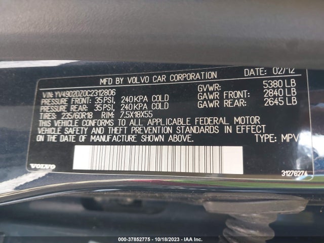 2012 VOLVO XC60 T6/T6 PLATINUM/T6 PREMIER PLUS/T6 R-DESIGN/T6 R-DESIGN PLATINUM/T6 R-DESIGN PREMIER PLUS VIN: YV4902DZ0C2312806