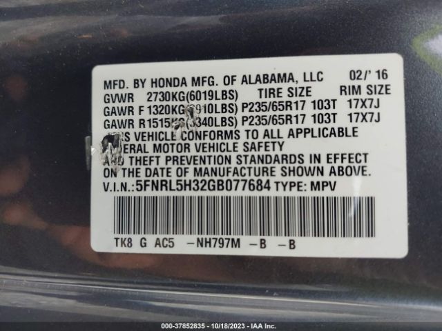 5FNRL5H32GB077684 Honda ODYSSEY SE
