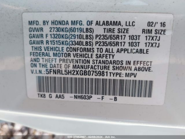 5FNRL5H2XGB075981 Honda ODYSSEY LX