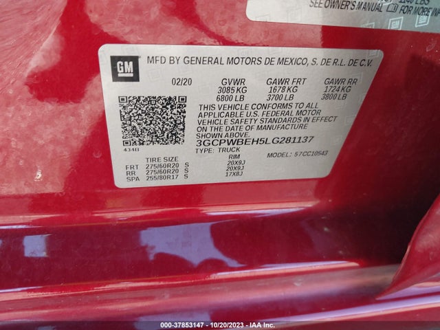 2020 CHEVROLET SILVERADO 1500 CUSTOM VIN: 3GCPWBEH5LG281137