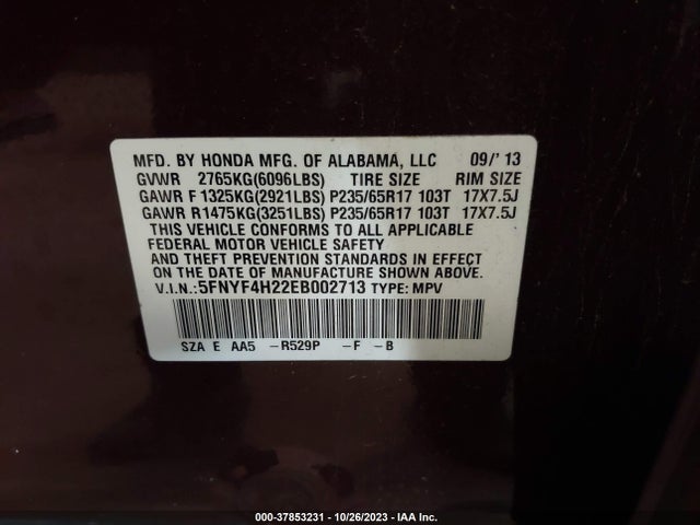 Honda PILOT LX 2014 5FNYF4H22EB002713 Image 9