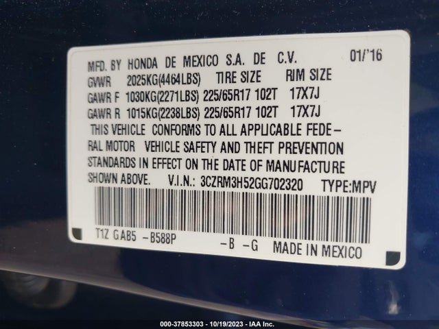 Honda CR-V EX 2016 3CZRM3H52GG702320 Image 9
