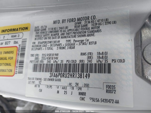 2017 FORD FUSION HYBRID VIN: 3FA6P0RU2HR138149