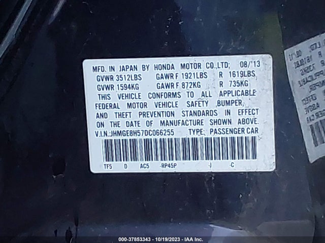 2013 HONDA FIT SPORT VIN: JHMGE8H57DC066255